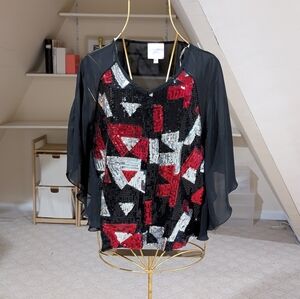Romeo & Juliet Couture Black and Red Geometric Sequin Blouse, Size M